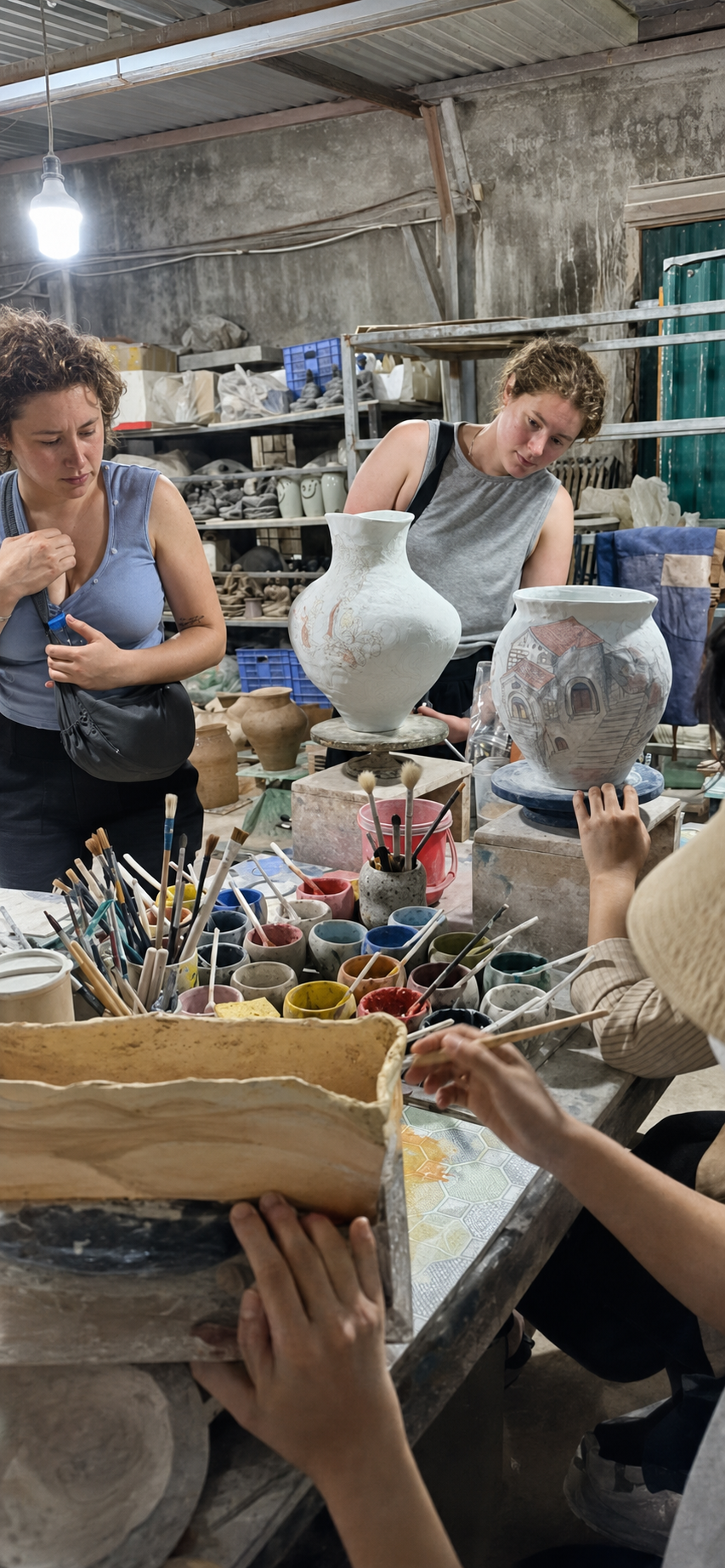 Bat Trang artisan hand-painting a ceramic piece with a fine brush