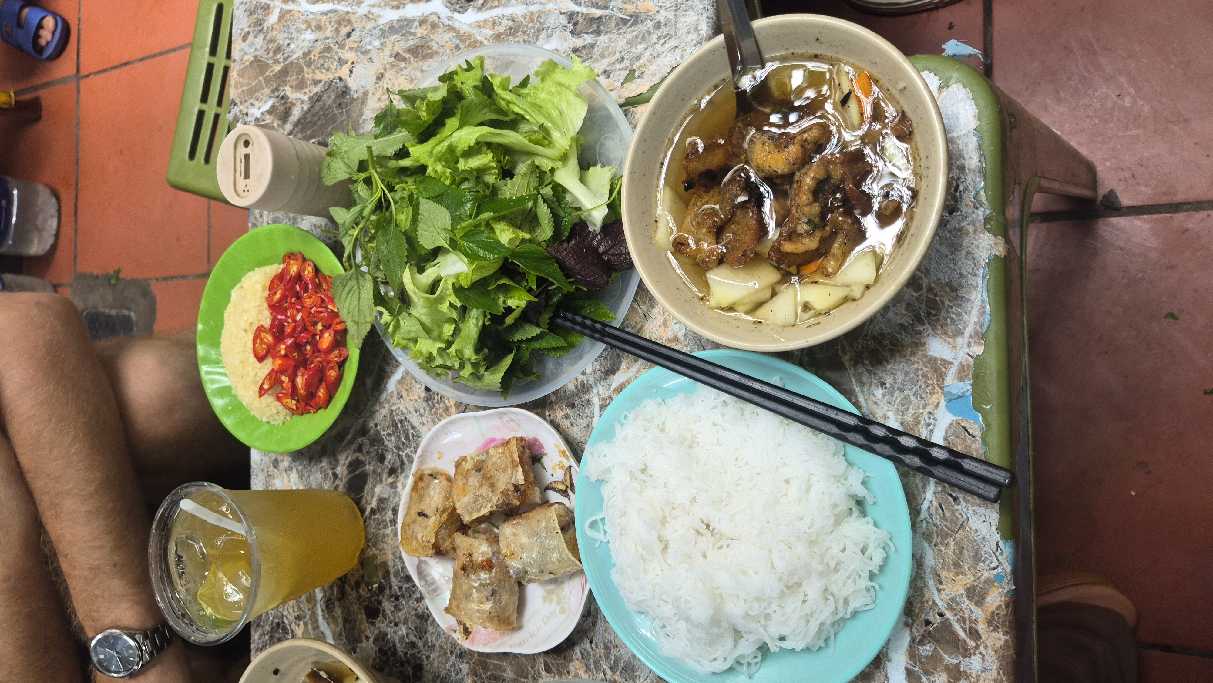 Authentic Hanoi bun cha with grilled pork and rice noodles