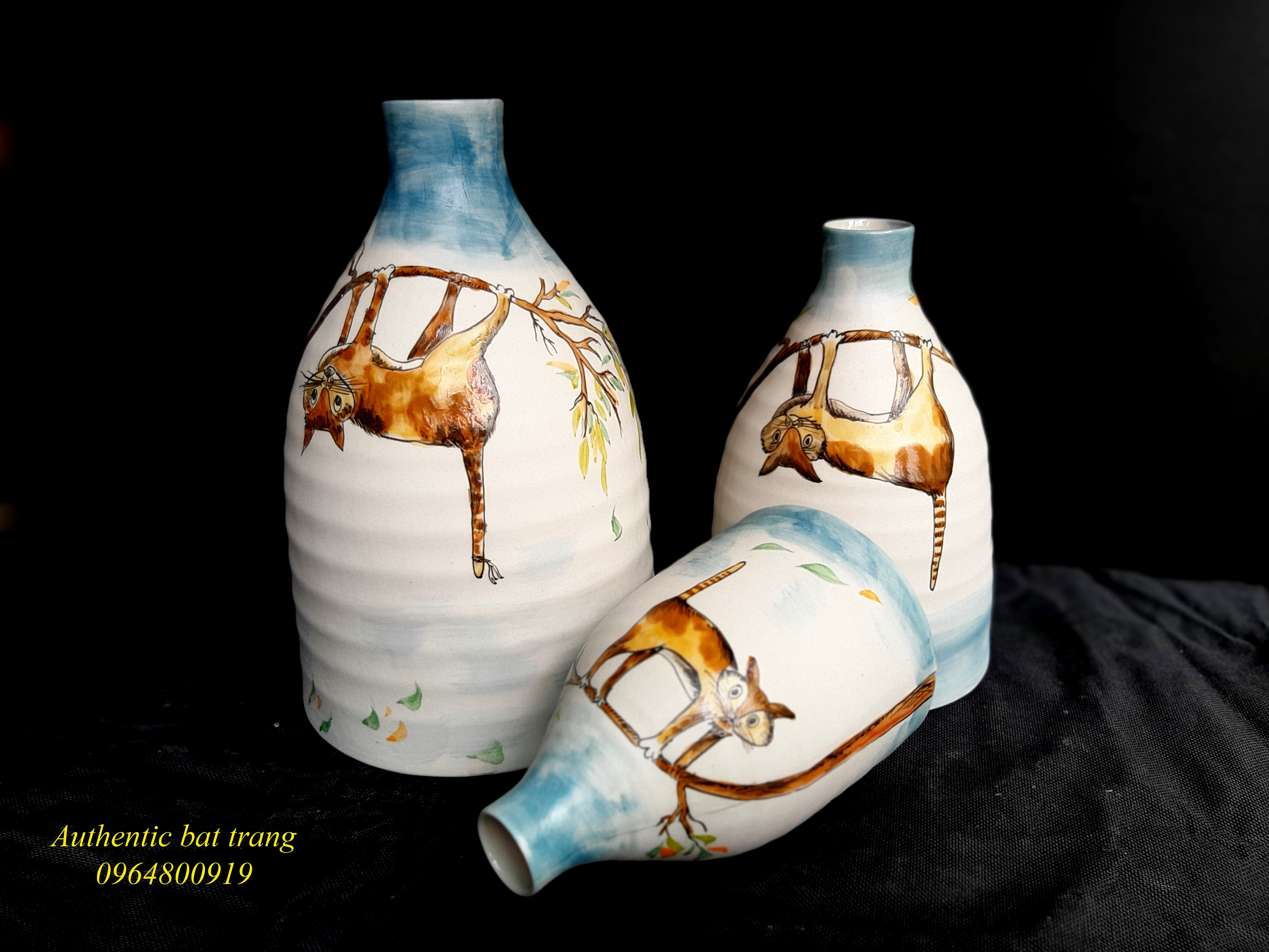 Home decor ceramics vases / Bộ bình trang trí nhà cửa họa tiết vẽ Mèo sản xuất tại xưởng gốm sứ Authentic bat  trang