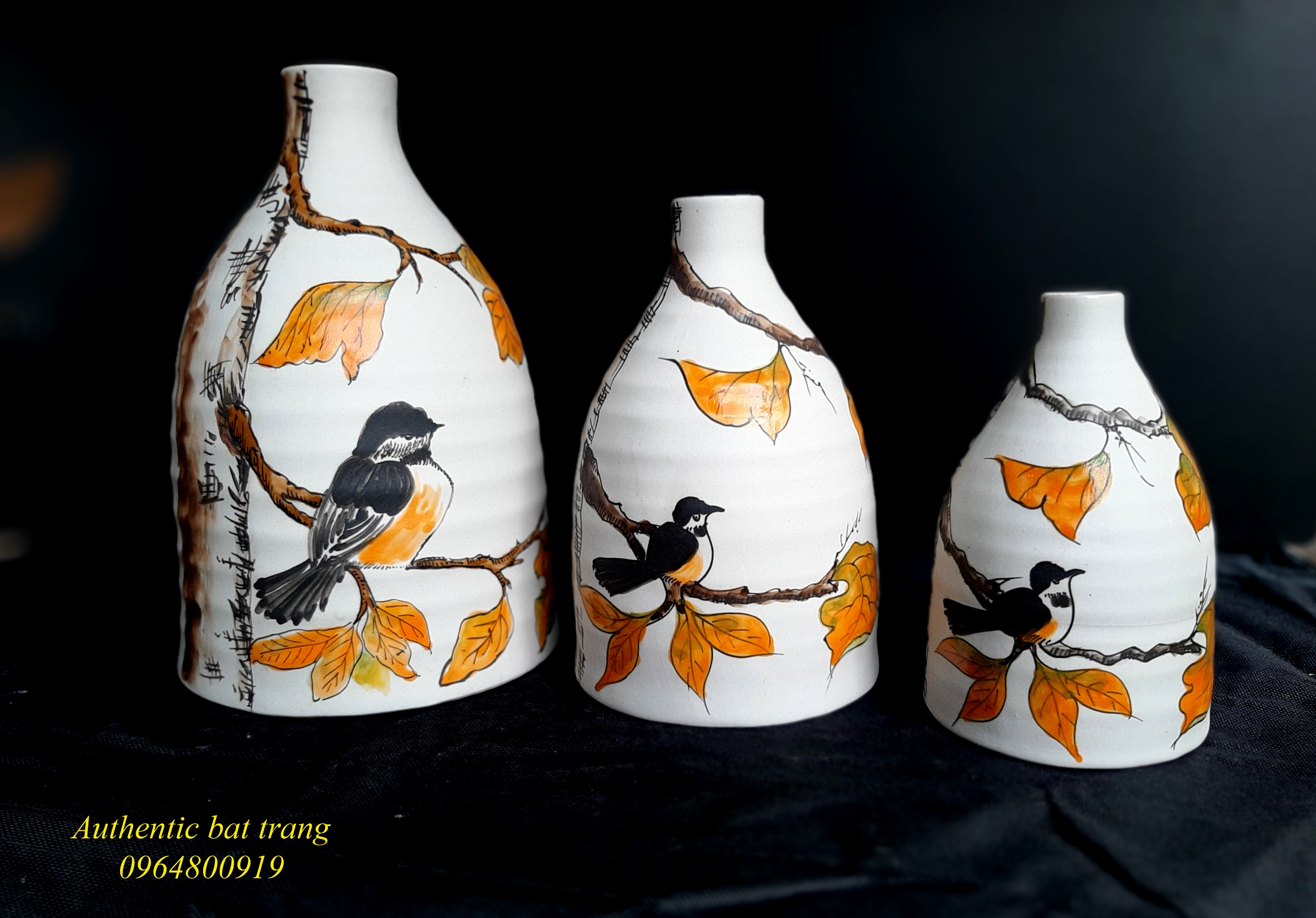 Home decor ceramics vase/ Bộ bình trang trí vẽ chim sản xuất tại xưởng gốm Authentic bat trang
