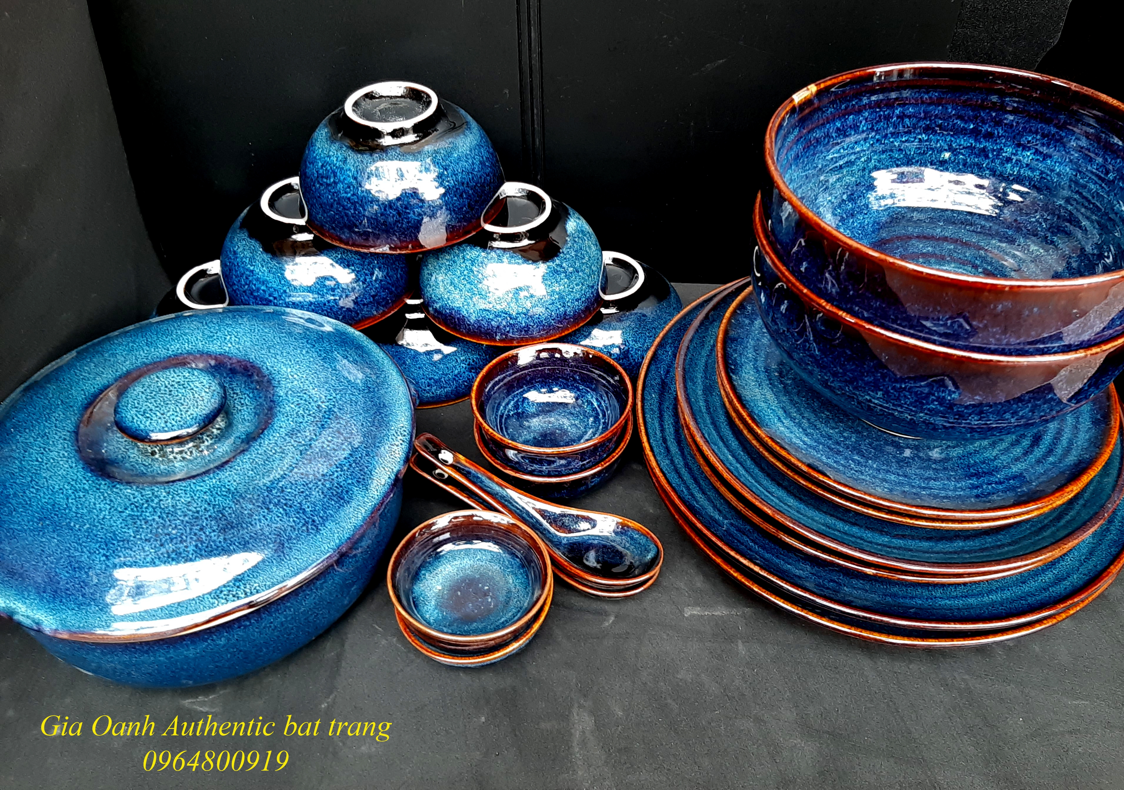 Blue dinner set king size/ Bộ đồ ăn men xanh hỏa biến đẳng cấp của xưởng gốm gia oanh Authentic bat trang