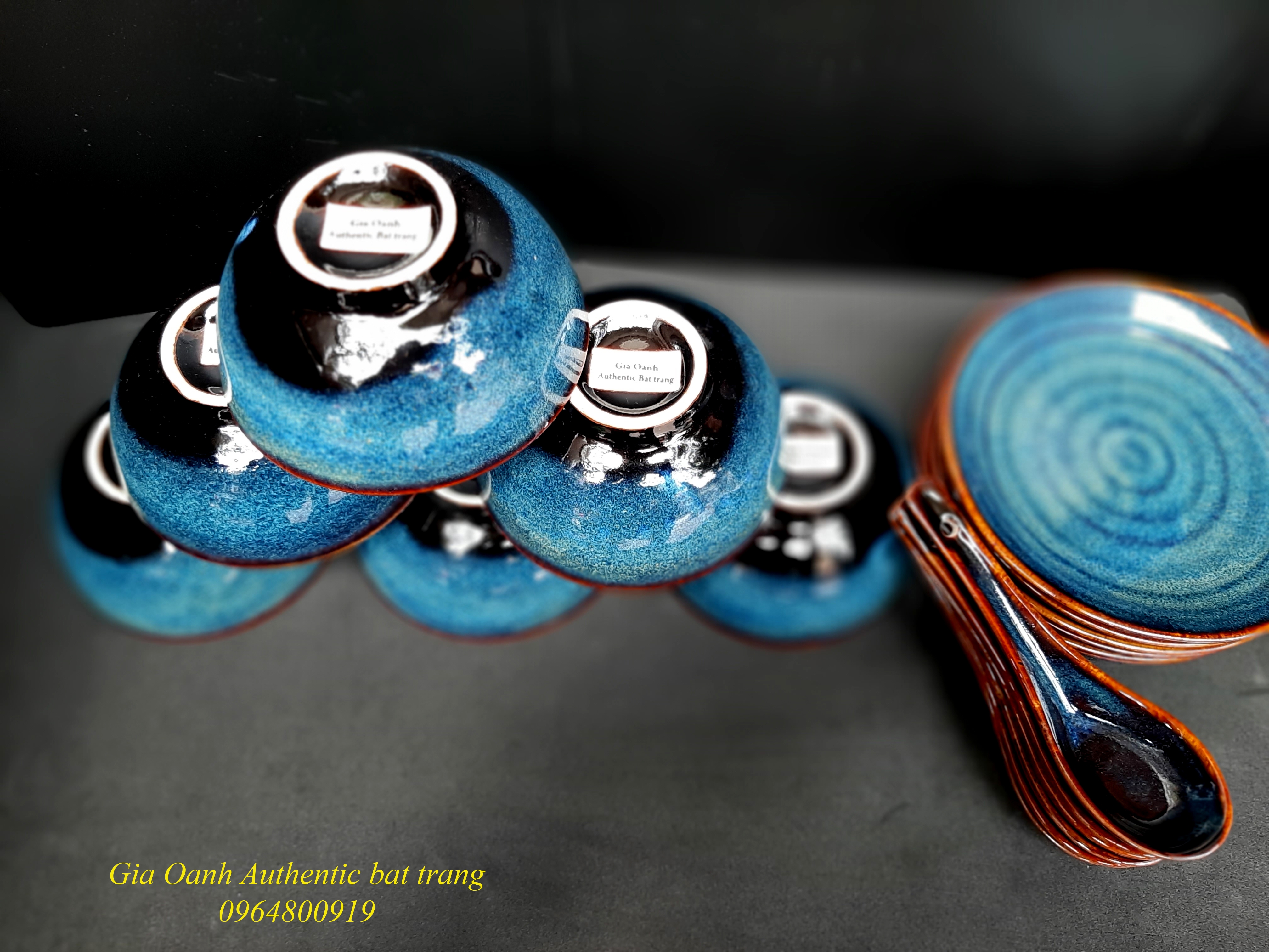 Blue dinner set 1 / Bộ đồ ăn men xanh hỏa biến ( bát, đĩa và thìa) xưởng Gia Oanh Authentic bat trang