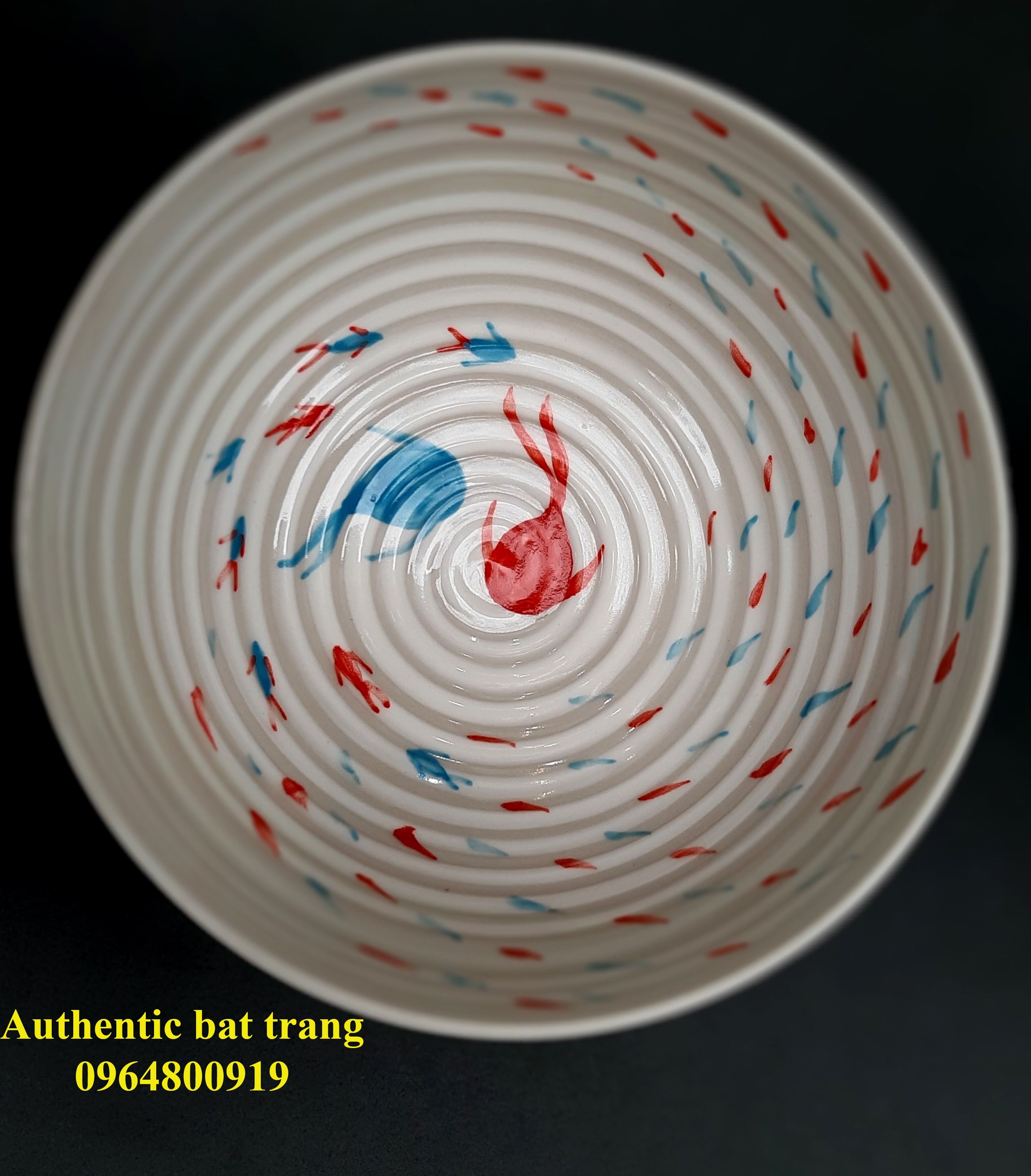  Soup bowls and rice bowl with fish design hand made by Authentic bat trang