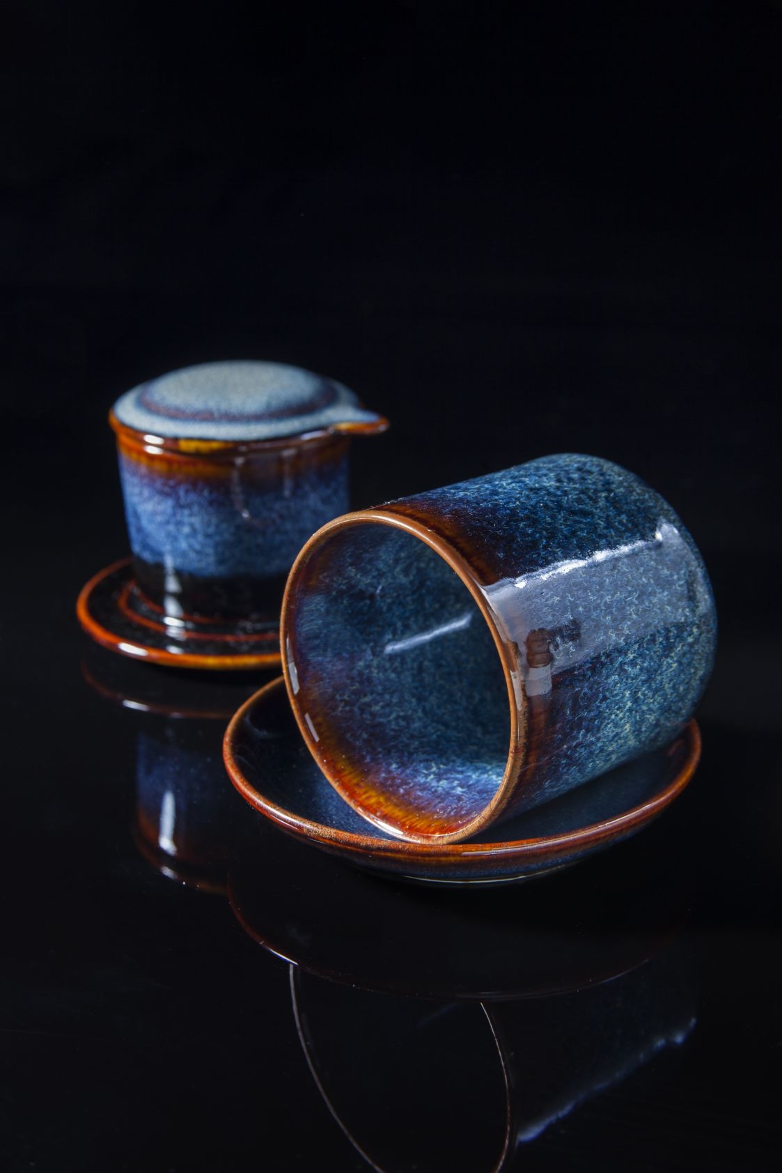 Blue Vietnamese coffee filter - bộ phin cà phê gốm sứ men xanh hỏa biến đẳng cấp sản xuất tại xương gia oanh authentic bat trang