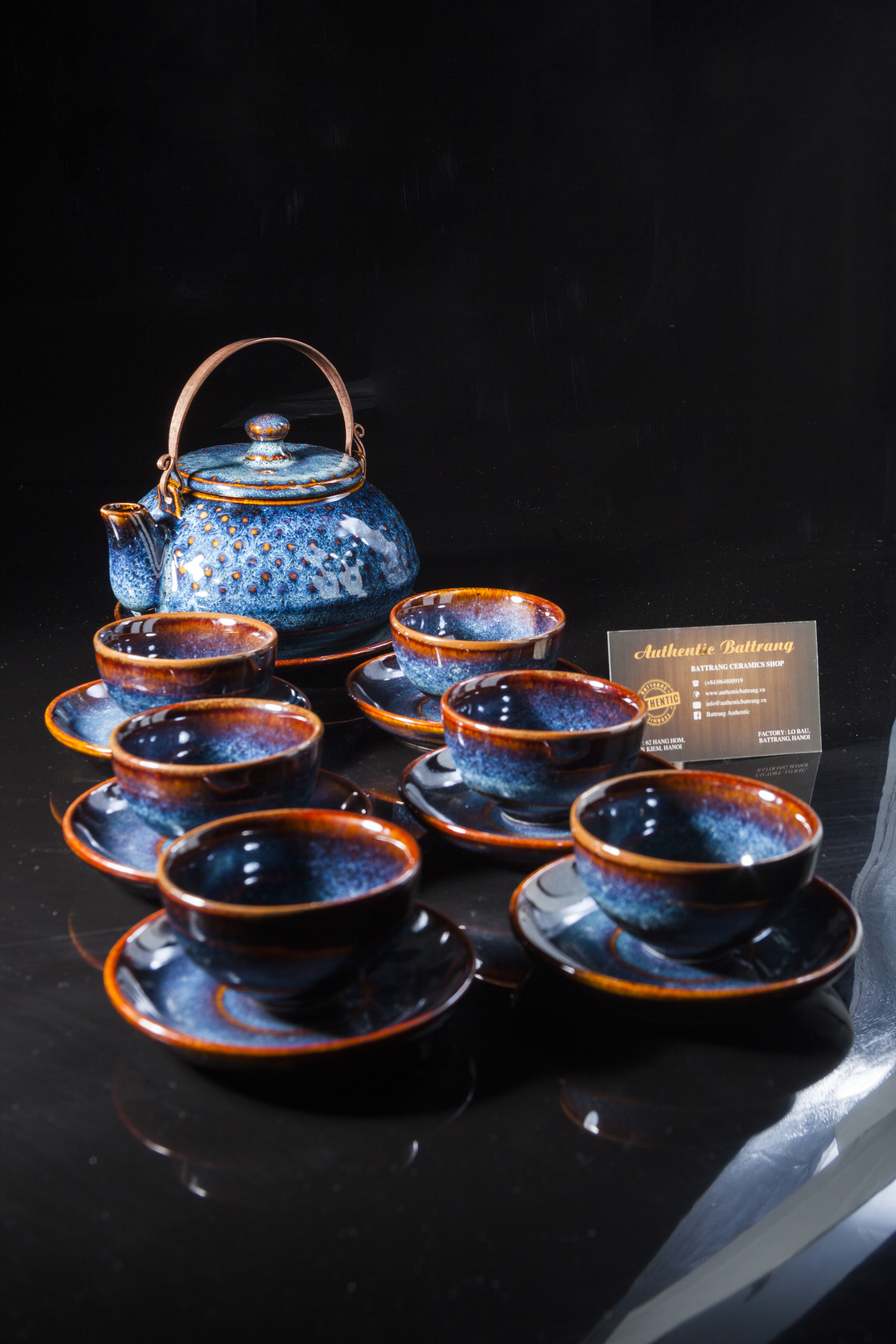 Bộ ấm trà men xanh hỏa biến - blue tea set made in bat trang