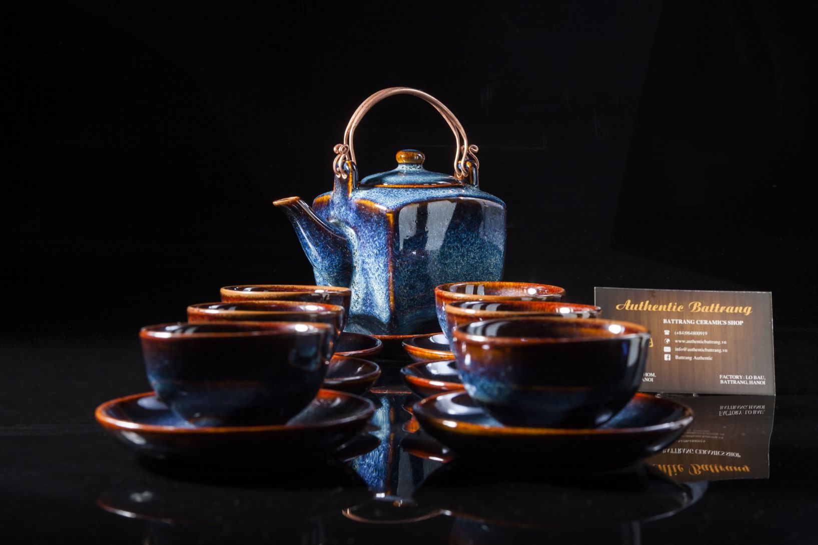 Square blue glaze tea set - Bộ ấm vuông men xanh hỏa biến - đẹp và đẳng cấp, Sản xuất tại xưởng gốm sứ gia Oanh Authentic bat trang