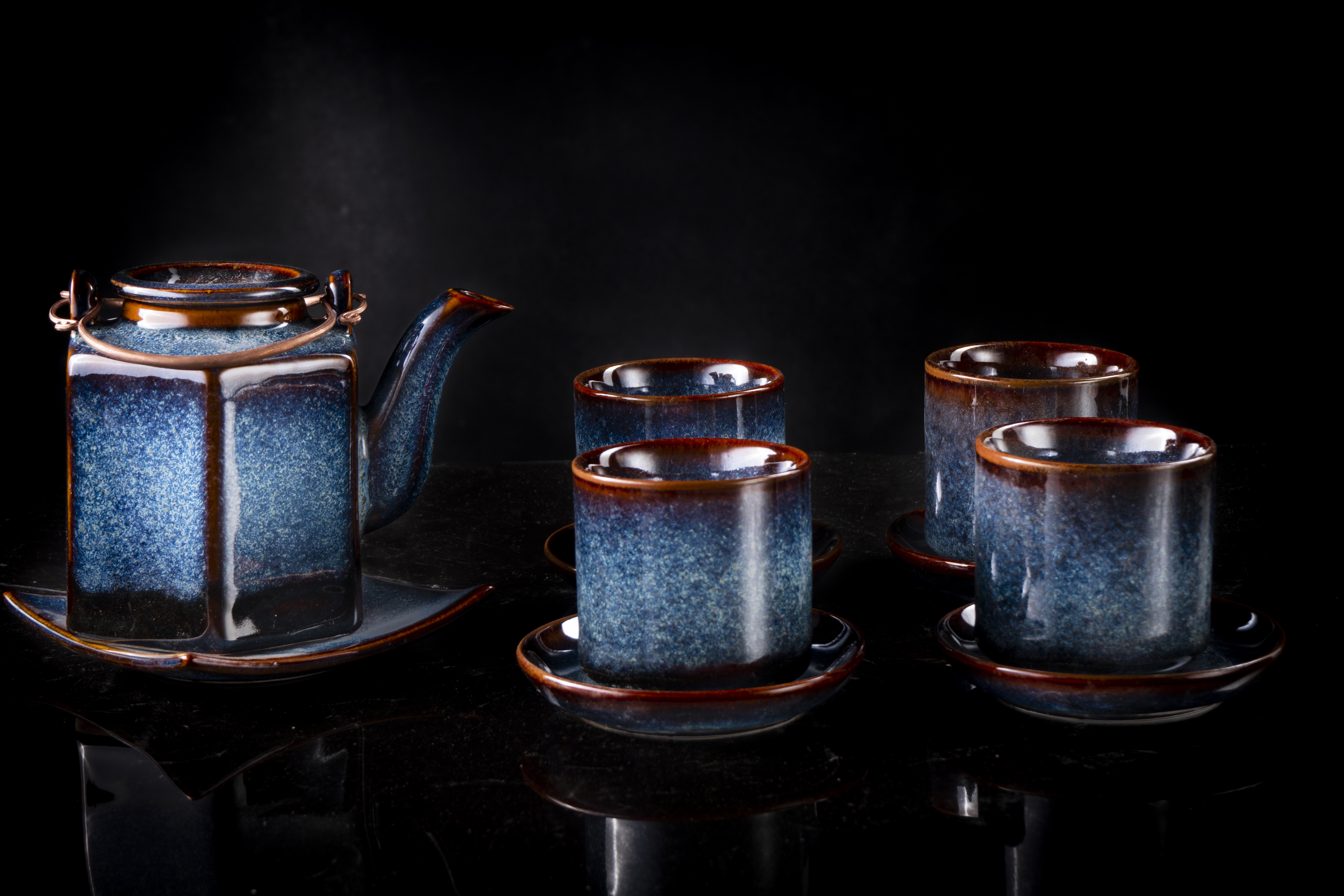 Hexagonal blue Tea set/ bộ ấm trà xanh lục giác thiết kế đẹp sang trọng
