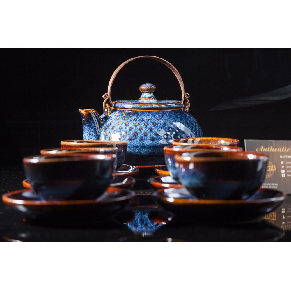 Beautiful teapot set with glazed glaze, classy blue, made at Gia Oanh Authentic Bat Trang ceramic factory