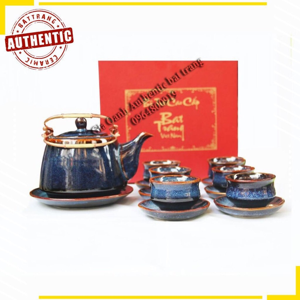 Blue Enamel Teapot GIFT set IN GIA OANH AUTHENTIC BAT TRANG CERAMIC FACTORY