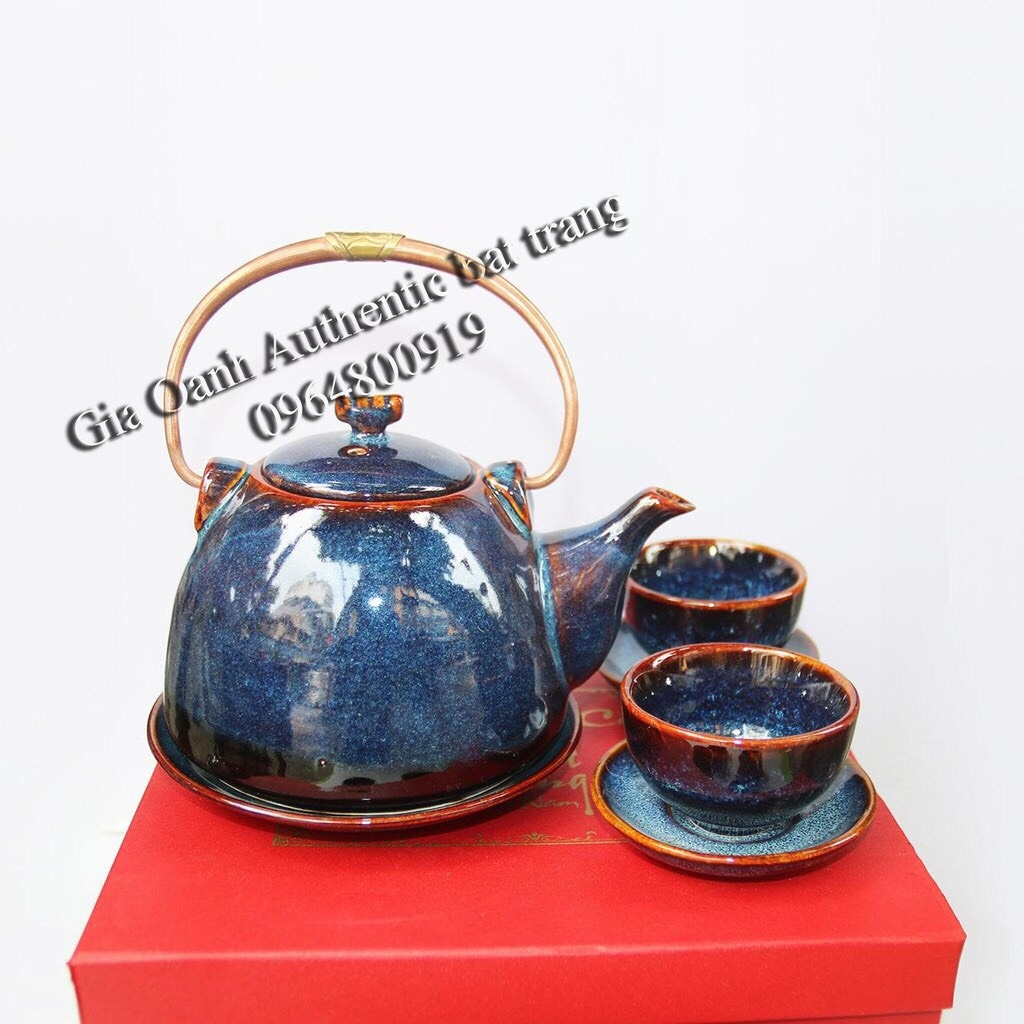 BLUE ENAMEL TEAPOT GIFT SET IN GIA OANH AUTHENTIC BAT TRANG CERAMIC FACTORY