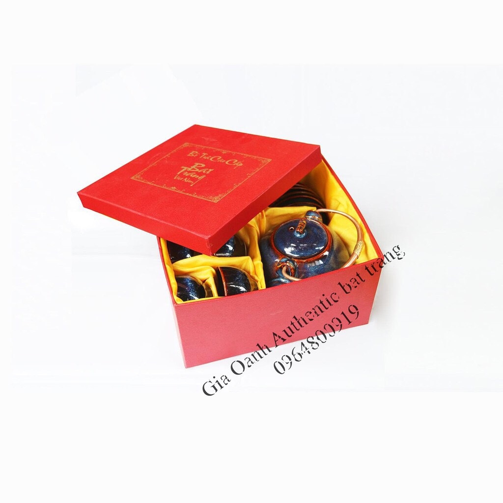 BLUE ENAMEL TEAPOT GIFT SET IN GIA OANH AUTHENTIC BAT TRANG CERAMIC FACTORY