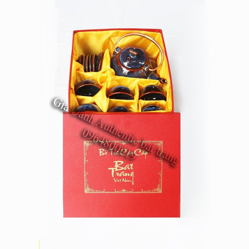 Blue Enamel Teapot GIFT set IN GIA OANH AUTHENTIC BAT TRANG CERAMIC FACTORY