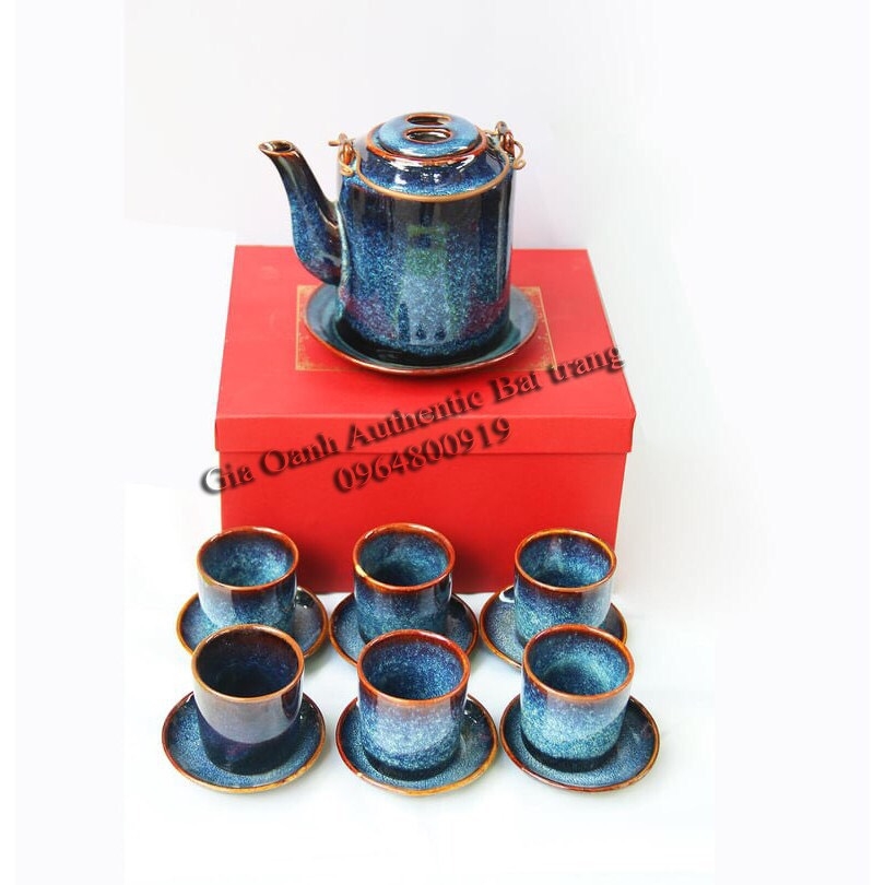 Tea set gift 04 - A set of teapots made of flaming blue enamel, Tet gift products, extremely unique housewarming gifts - high-class fire glaze
