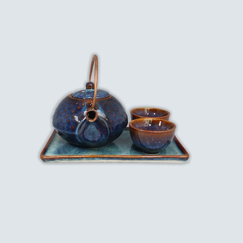 HIGH-QUALITY BLUE ENAMEL BEADED TEAPOT SET - AUTHENTIC BAT TRANG