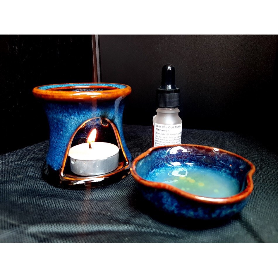 COFFEE BURNER SET, ESSENTIAL OIL BURNER HIGH-QUALITY BLUE-CERAMIC - AUTHENTIC BAT TRANG
