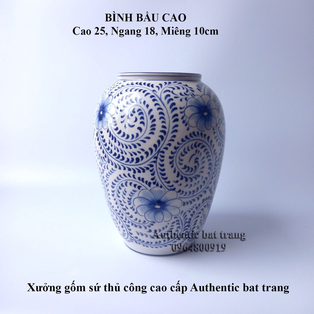 Hand-painted flower vase with wire flower pattern - 100% Authentic Bat Trang ceramic product.