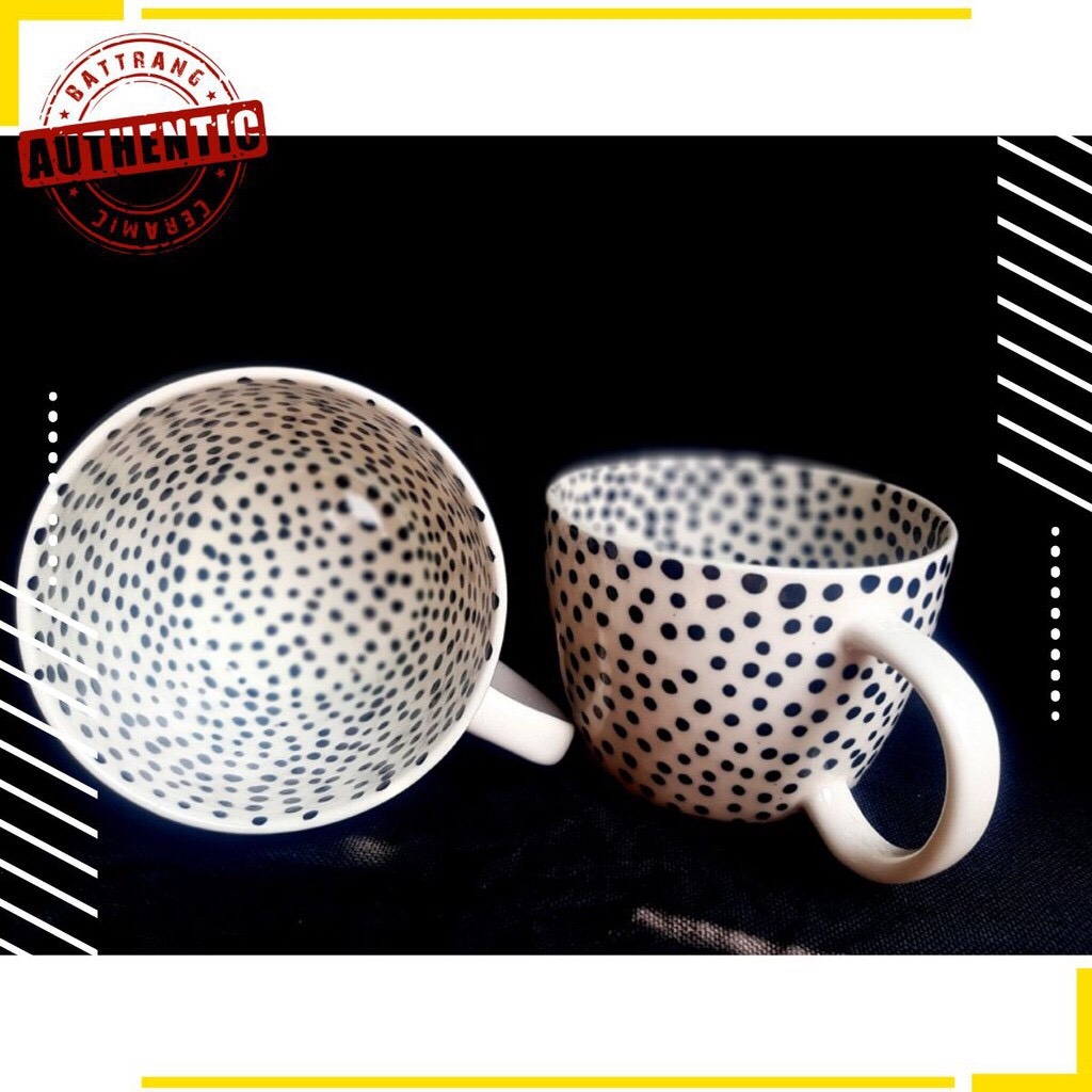 BLACK DOTS CUPS/  UNIQUE TEA COFFEE DRINKING Cups, EUROPEAN STYLE, MANUFACTURED IN AUTHENTIC Bat Trang
