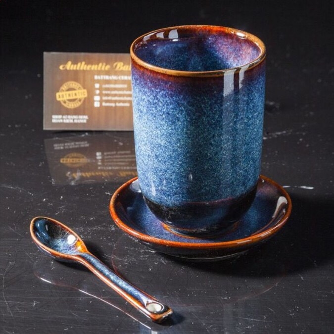Blue enamel TEA Cup - GIA OANH AUTHENTIC BAT TRANG  FACTORY