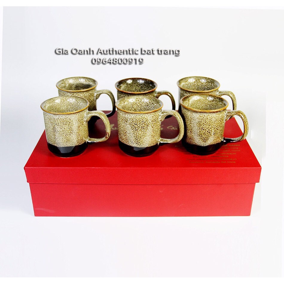 High-class gift set - set of 6 ceramic mugs with gold brocade and flame glaze - made in authentic bat Trang ceramics factory