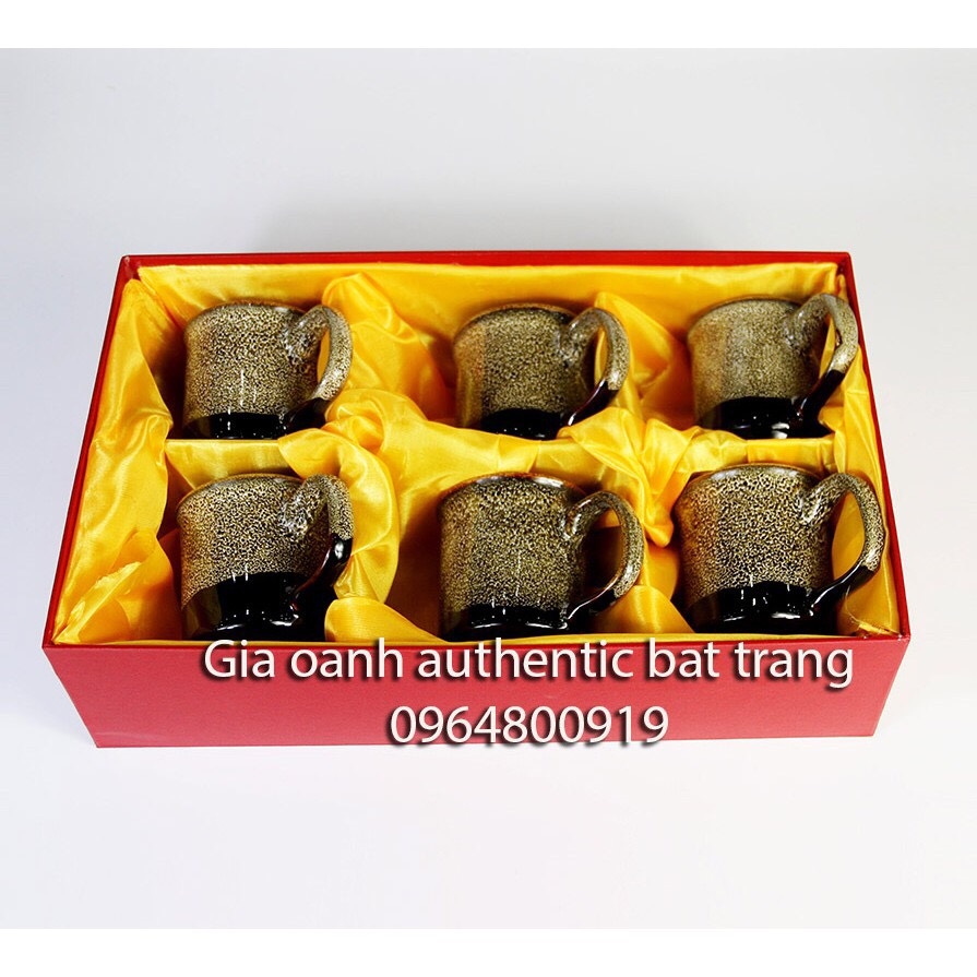 HIGH-CLASS GIFT SET - SET OF 6 CERAMIC MUGS WITH GOLD BROCADE AND FLAME GLAZE - MADE IN AUTHENTIC BAT TRANG CERAMICS FACTORY