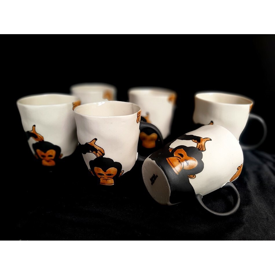 Cup with distorted drawing of expressive monkey- Gia Oanh Authentic Bat Trang