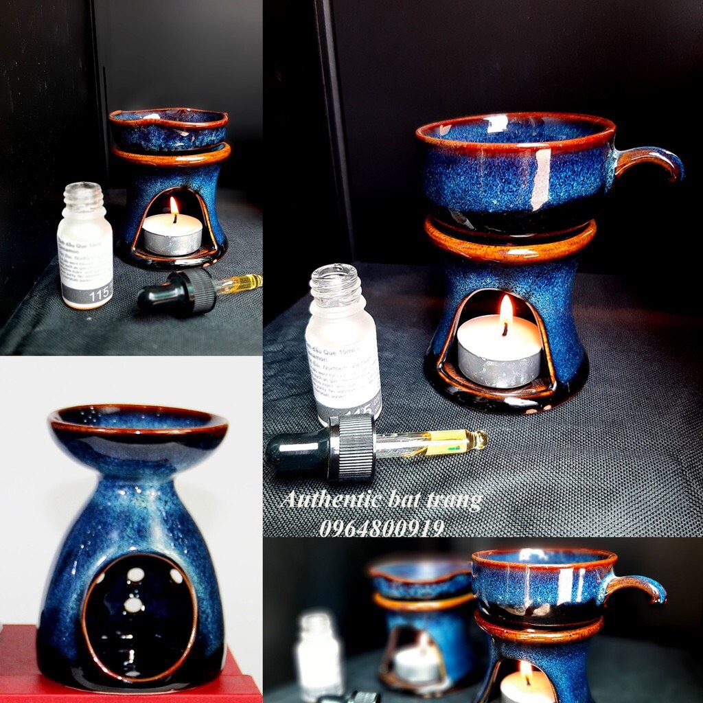 COFFEE BURNER SET, ESSENTIAL OIL BURNER HIGH-QUALITY Blue-CERAMIC - AUTHENTIC BAT TRANG