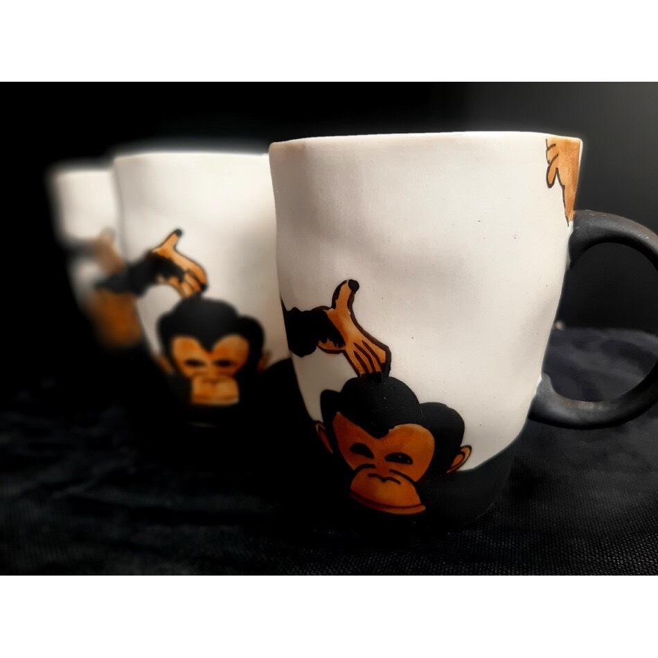 Cup with distorted drawing of expressive monkey- Gia Oanh Authentic Bat Trang