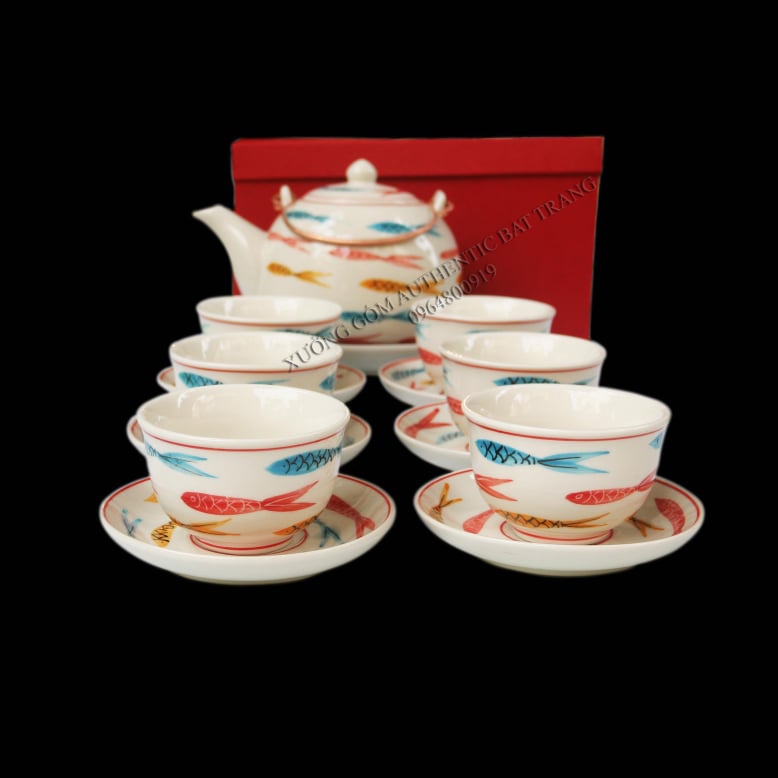 Tea set gift 02 - Bộ ấm trà vẽ cá sản phẩm quà tăng gốm sứ đặc biệt cho gia đình, cho tân gia và năm mới sản xuất tại xưởng gốm sứ Authenitc  bat trang