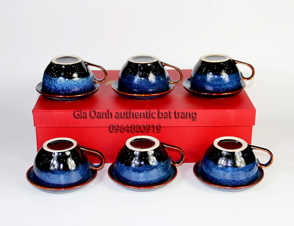 Bộ quà tặng 6 cốc capucino + đĩa sản phẩm men hỏa biến cao cấp - sản xuất tại xưởng gia oanh authentic bat trang