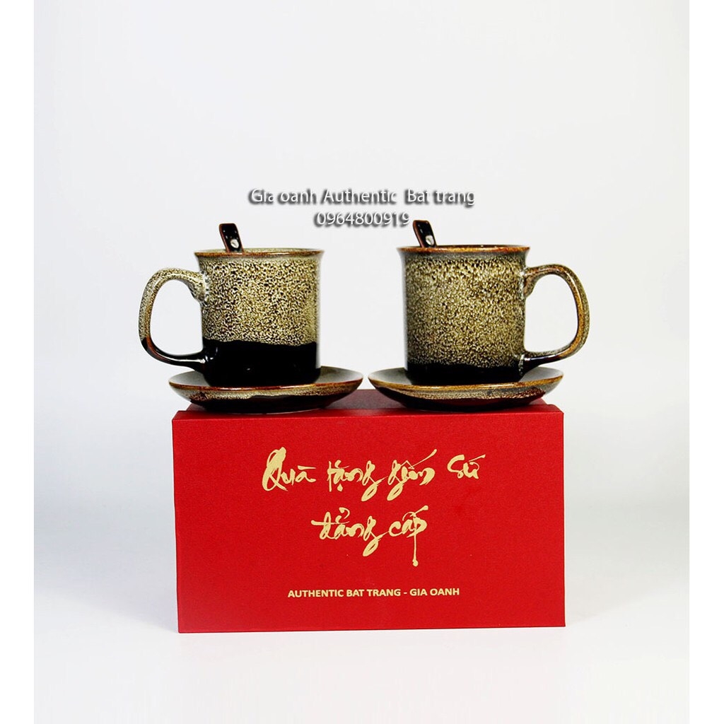 Gift set of high-class porcelain mugs with gold brocade - high-class fire glaze made in authentic bat Trang ceramics factory