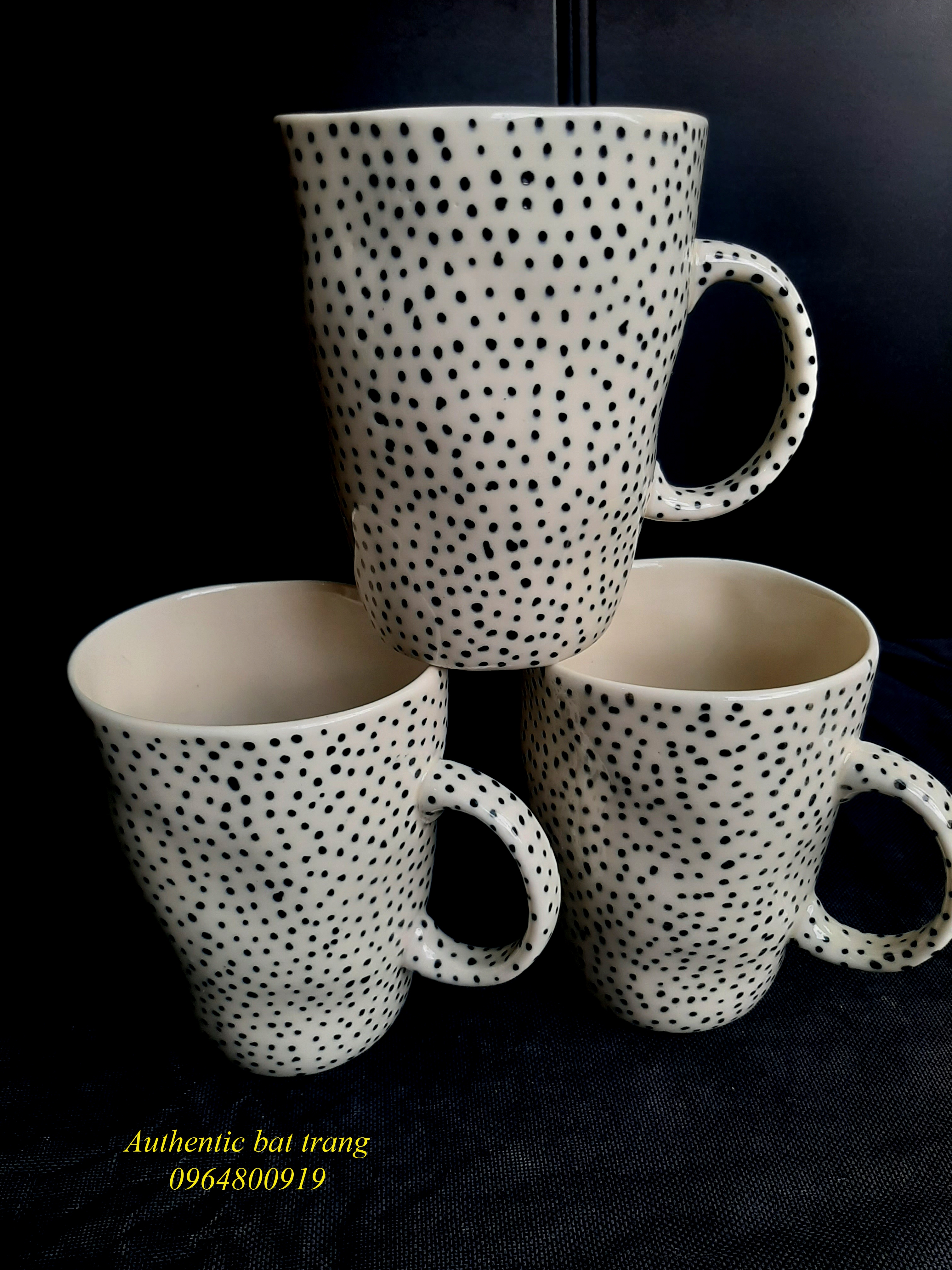 Black dots cups/ Cốc méo xuất âu họa tiết chấm bị vẽ thủ công sản xuất tại xương gốm sứ Authentic bat trang