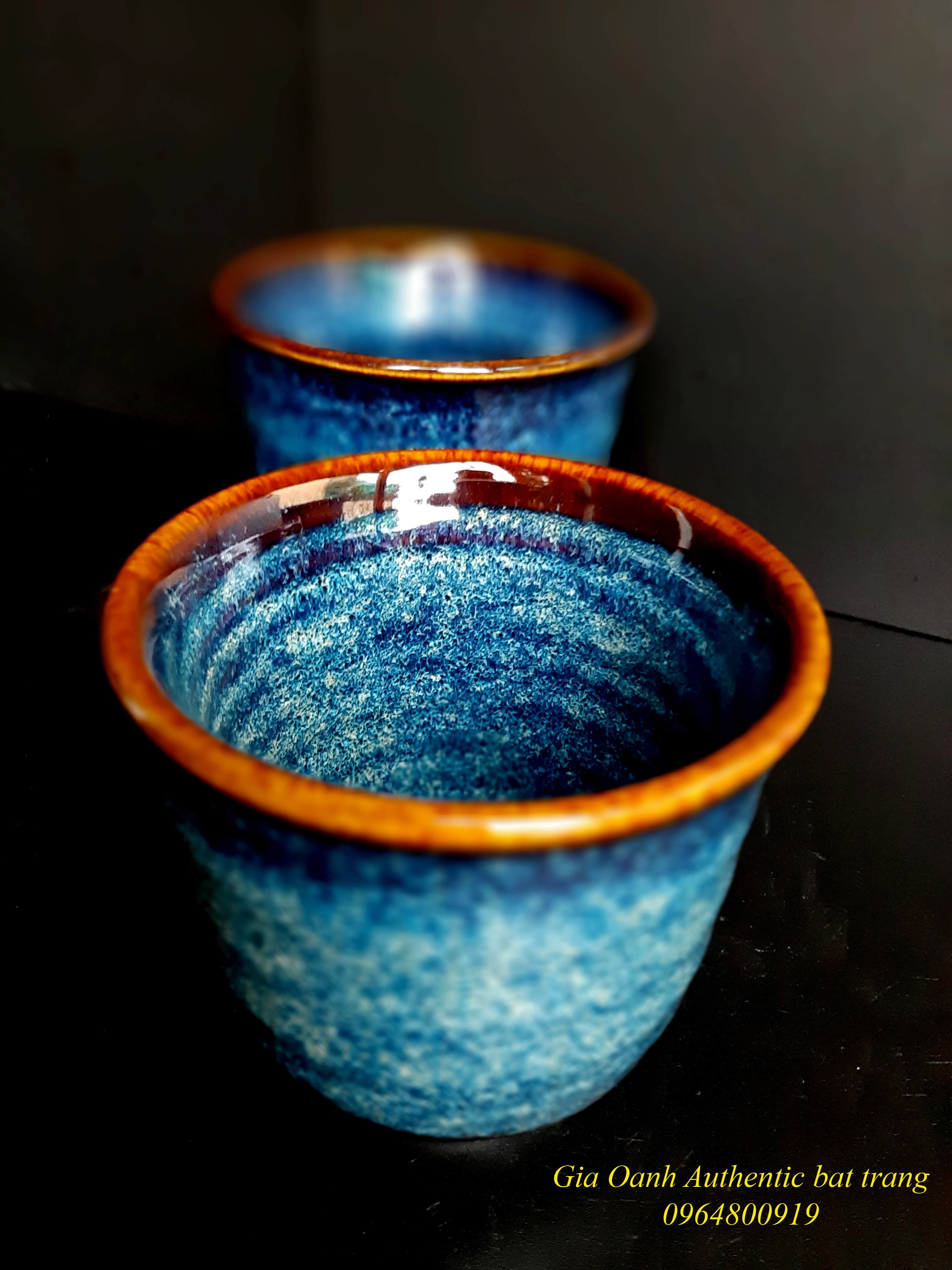 Blue Tea cups/ Cốc uống trà không quay, men xanh hỏa biến, sản xuất tại xưởng gốm sứ Gia Oanh Authentic bát tràng