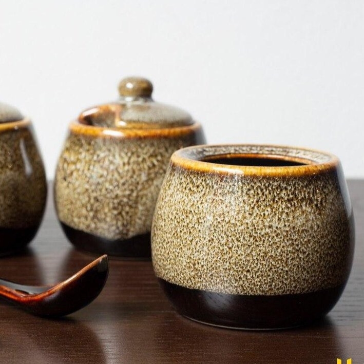 SUGAR JAR WITH A SPOON GOLD BROCADE - MADE AT GIA OANH AUTHENTIC BAT TRANG CERAMIC FACTORY