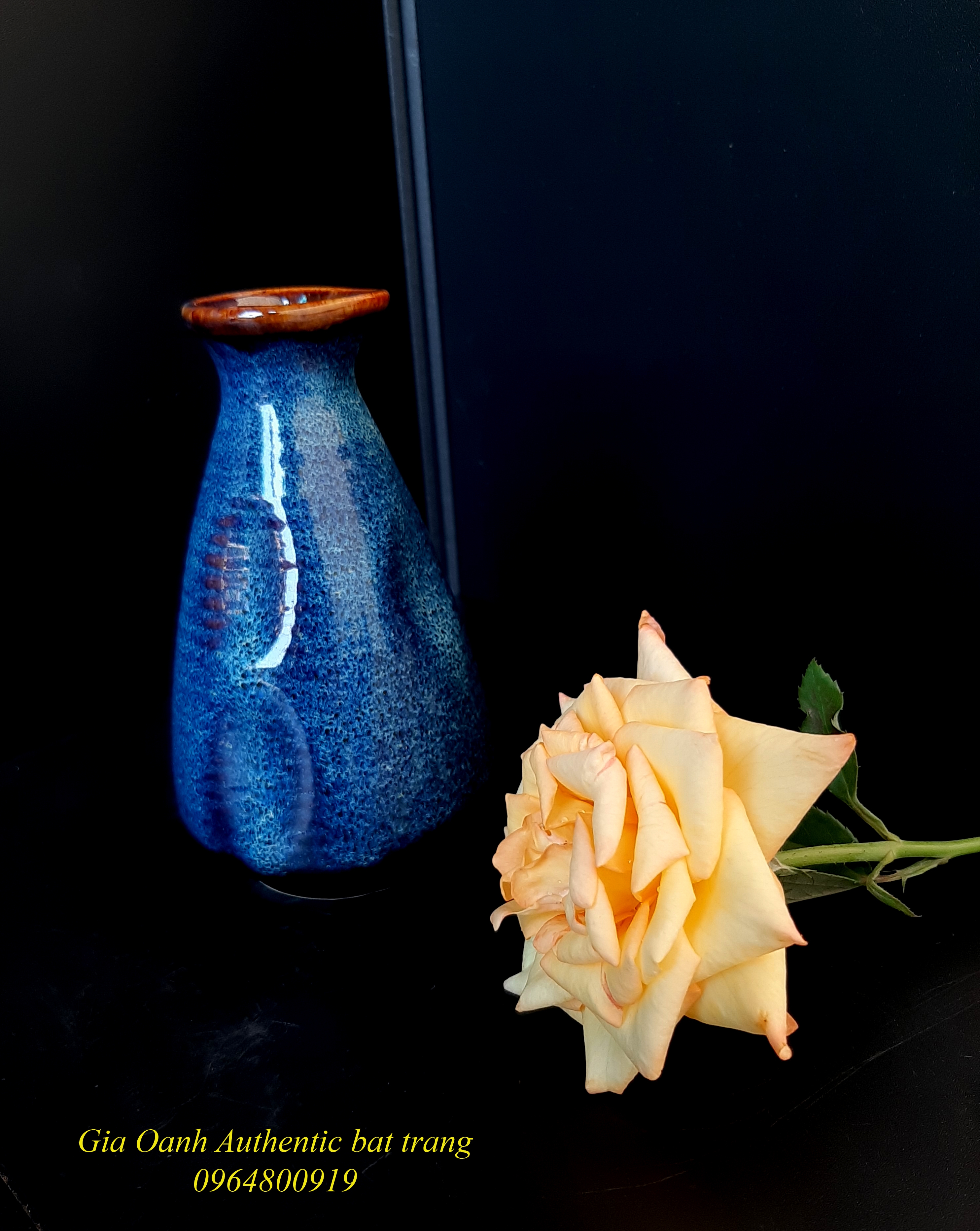Blue Mini vase/ bình cắm hoa mini bóp miệng, men xanh hỏa biến sản xuất tại xưởng gốm sứ gia oanh authentic bat trang