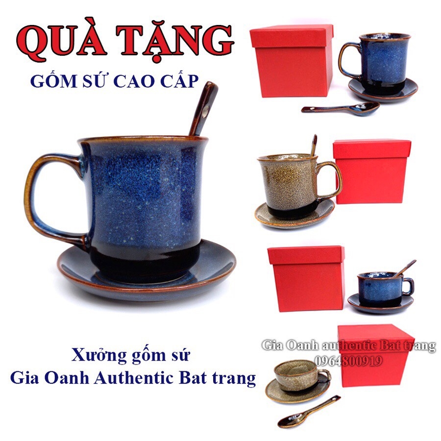 GIFT SET Blue Enamel mugs PRODUCED IN GIA OANH AUTHENTIC BAT TRANG CERAMIC FACTORY