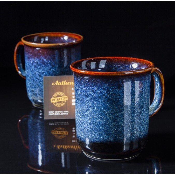 GIFT SET Blue Enamel mugs PRODUCED IN GIA OANH AUTHENTIC BAT TRANG CERAMIC FACTORY