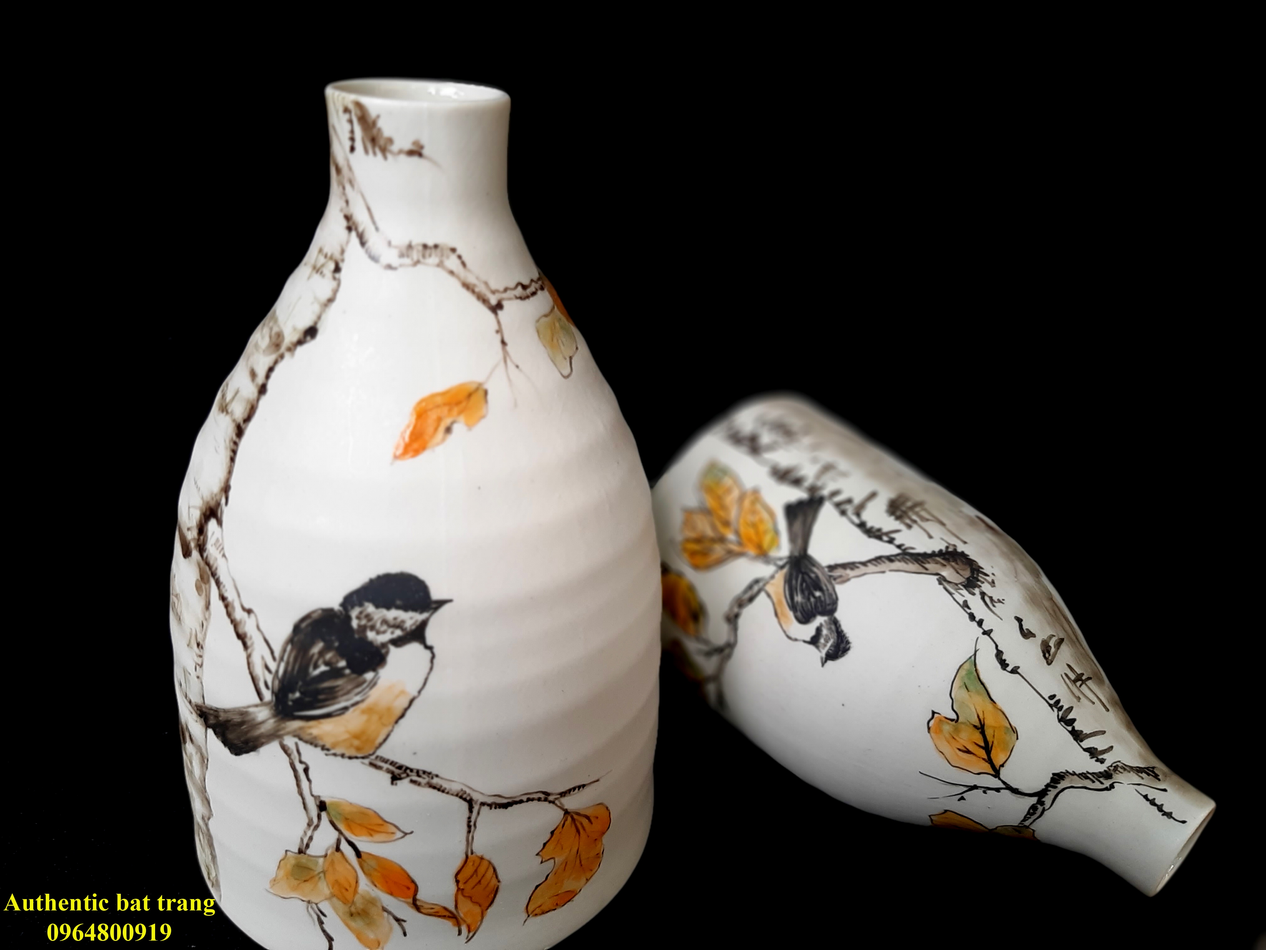 Ceramics vases hand painted/ Bình cắm hoa / trang trí vẽ  tay họa tiết chim hót trên cây sản xuất tại xưởng Authentic bat trang ceramics